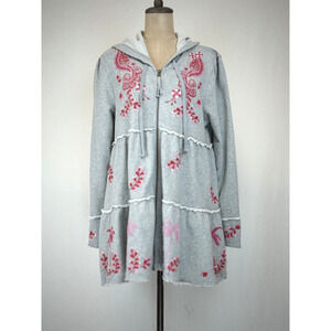 Johnny Was Gray Hooded French Terry Embroidered Zip Up Jacket LARGE #0151